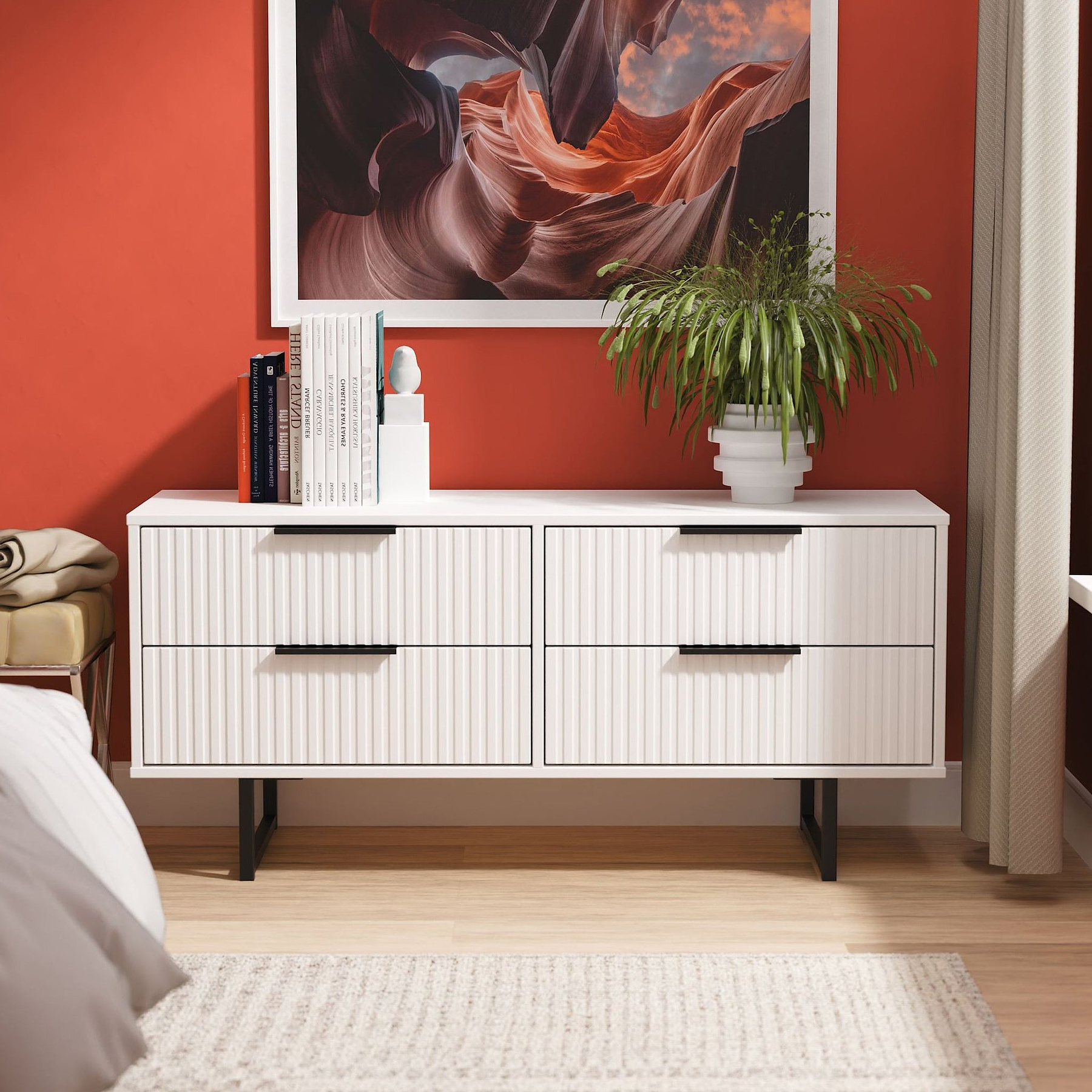 Callo Fluted 4 Drawer Low Storage Unit Matt White from Roseland Furniture