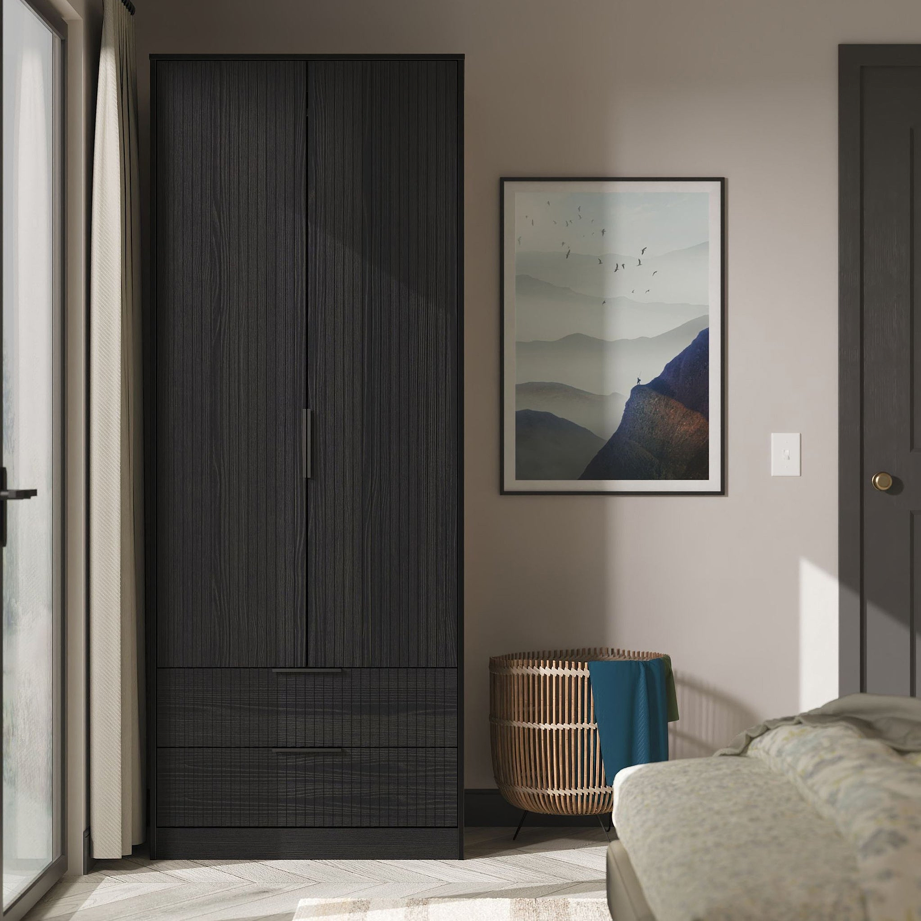 Callo Fluted Double Wardrobe With 2 Drawers Matt Black from Roseland Furniture