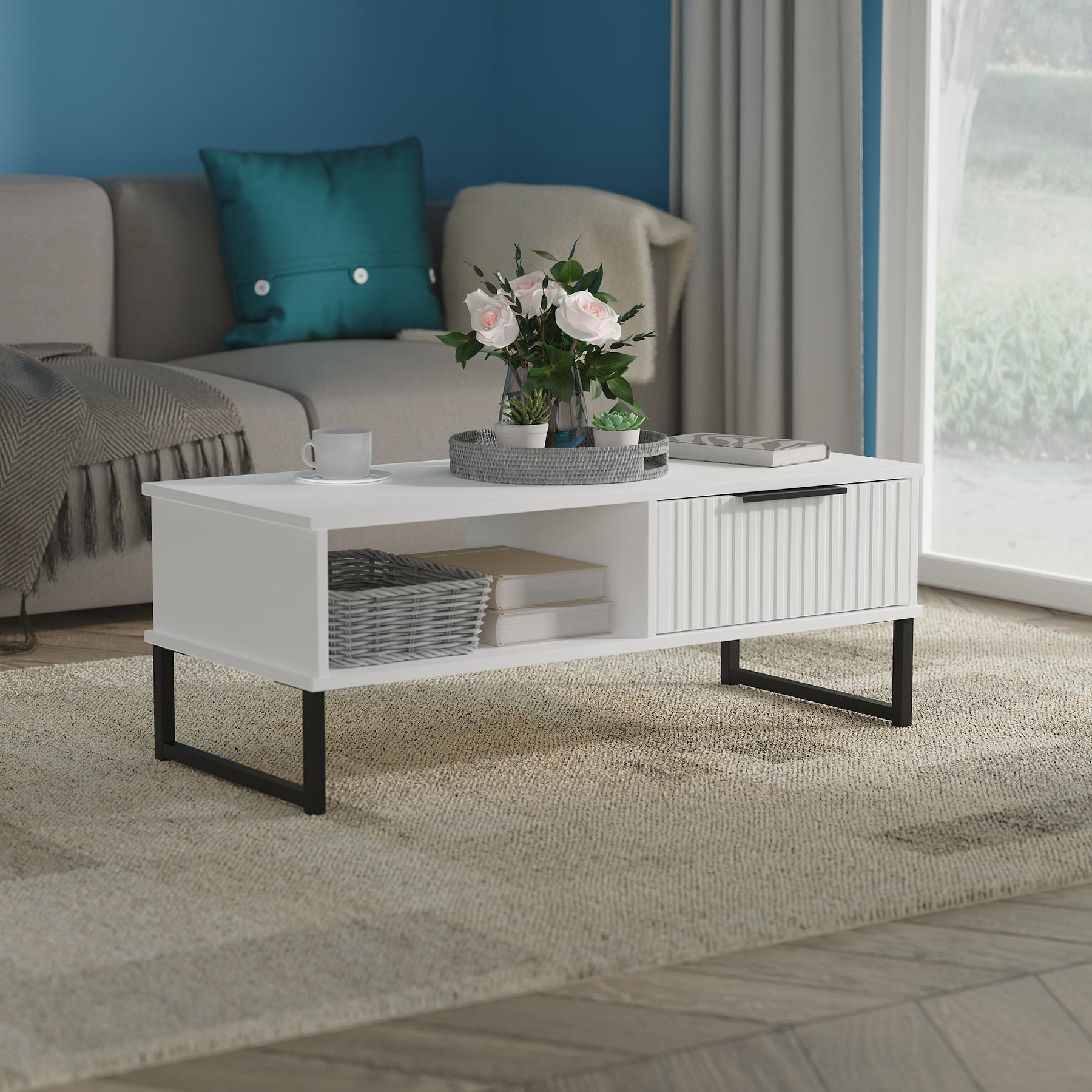 Callo Fluted 1 Drawer Coffee Table Matt White from Roseland Furniture