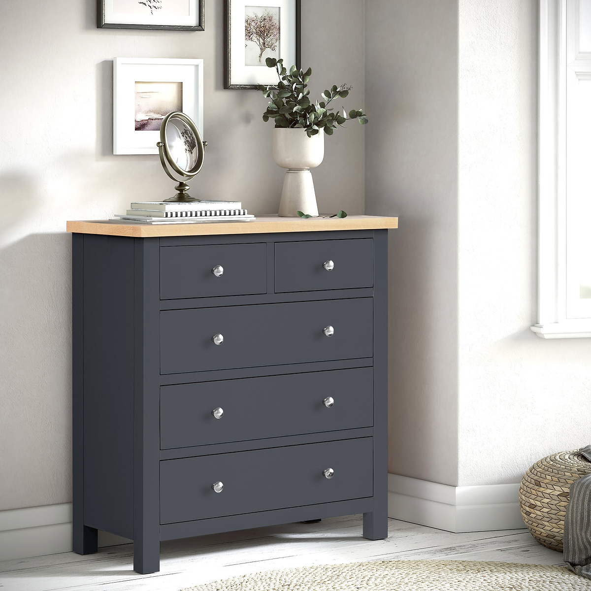 Farrow Charcoal 2 over 3 Chest of drawers from Roseland Furniture - Lifestyle Shot