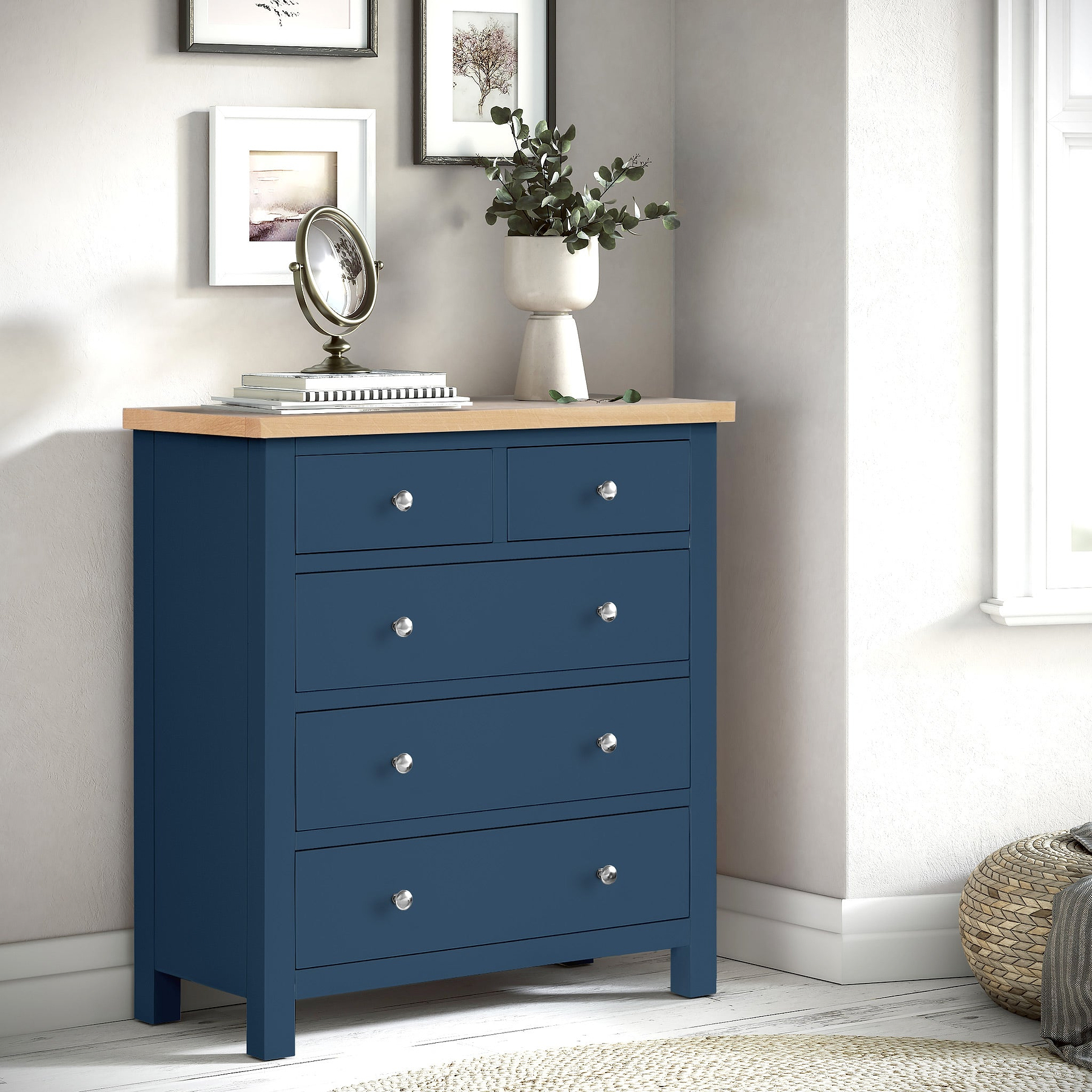 Farrow Navy Blue 2 Over 3 Chest Of Drawers from Roseland Furniture - Lifestyle Shot