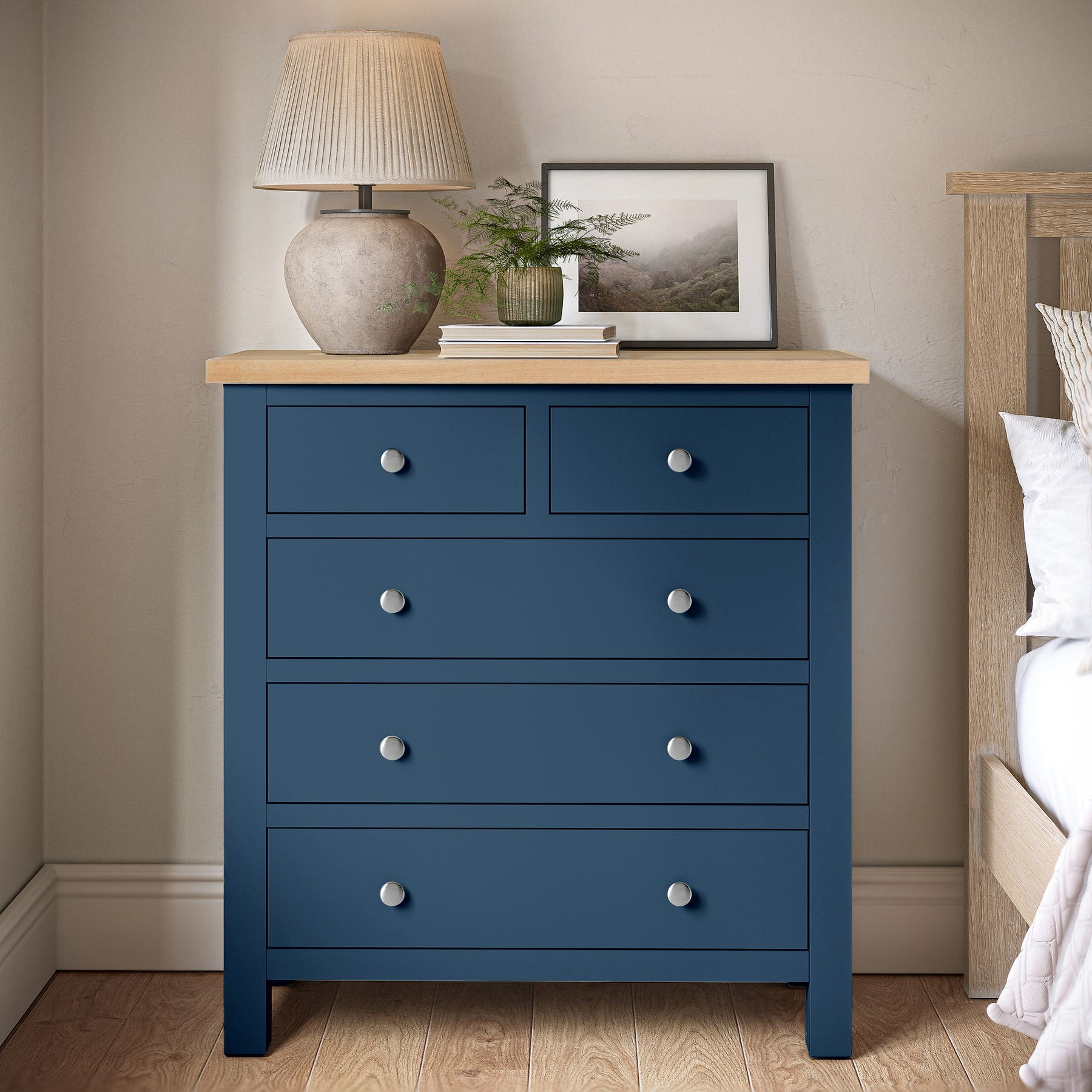 Farrow Navy Blue 2 Over 3 Chest Of Drawers from Roseland Furniture - Lifestyle Shot