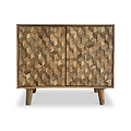 A wooden cabinet with a herringbone pattern on two doors, standing on short, angled legs against a white background.