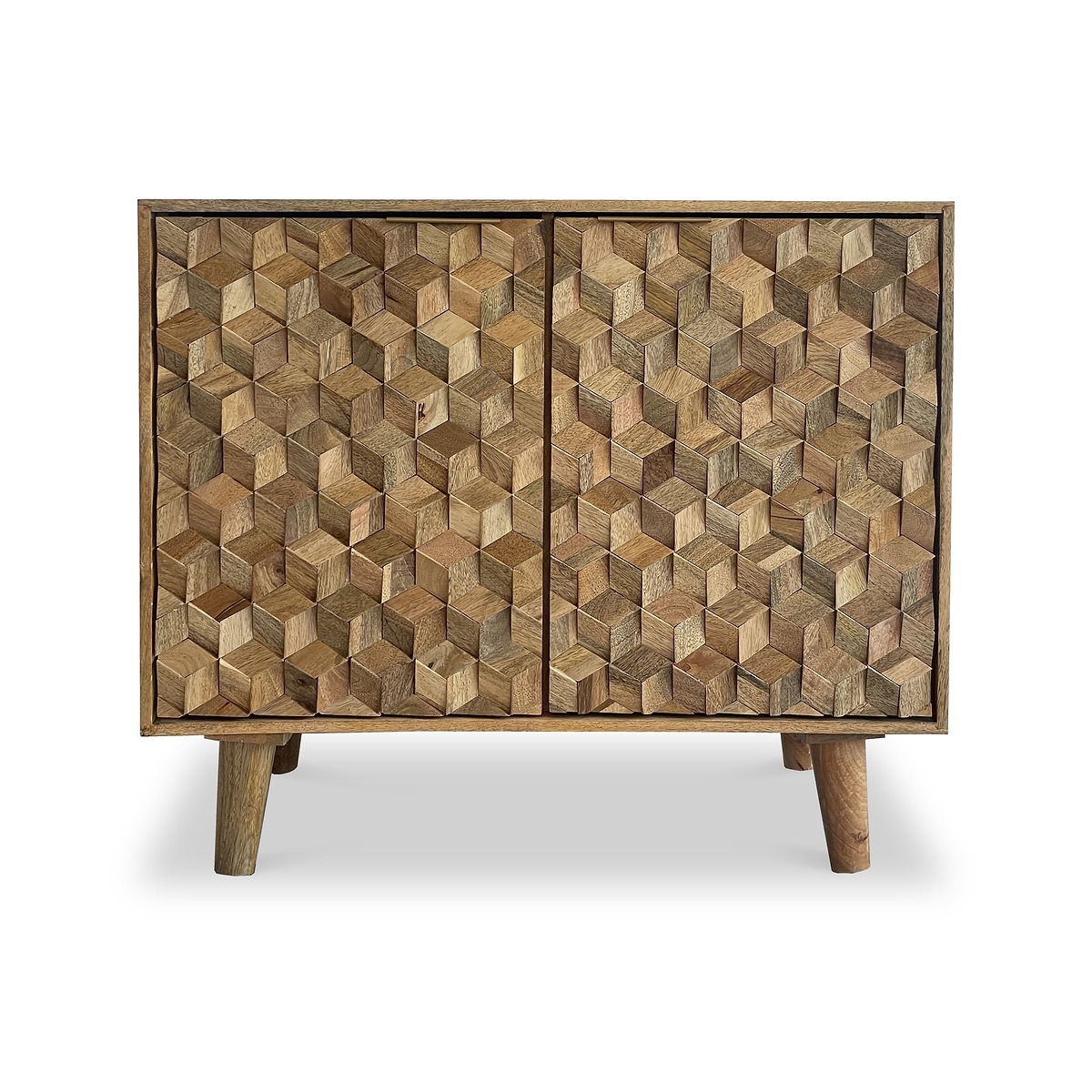 A wooden cabinet with a herringbone pattern on two doors, standing on short, angled legs against a white background.