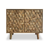A wooden cabinet with a herringbone pattern on two doors, standing on short, angled legs against a white background.