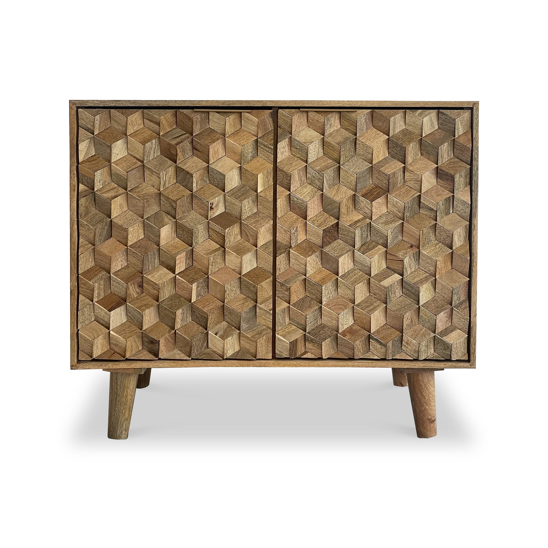 A wooden cabinet with a herringbone pattern on two doors, standing on short, angled legs against a white background.