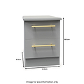 A grey two-drawer nightstand with gold handles is displayed, accompanied by dimension labels: 41.5cm high, 50.5cm deep, and 39.5cm wide. Text: "Image for size information only."