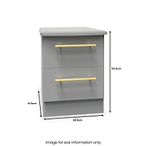 A grey two-drawer nightstand with gold handles is displayed, accompanied by dimension labels: 41.5cm high, 50.5cm deep, and 39.5cm wide. Text: "Image for size information only."