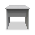 A simple gray desk with a flat top and four legs is centered against a white background. The desk has a minimalist design.
