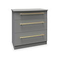 A grey three-drawer chest with horizontal golden handles stands isolated against a white background, meant for storage.