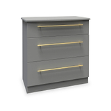 A grey three-drawer chest with horizontal golden handles stands isolated against a white background, meant for storage.