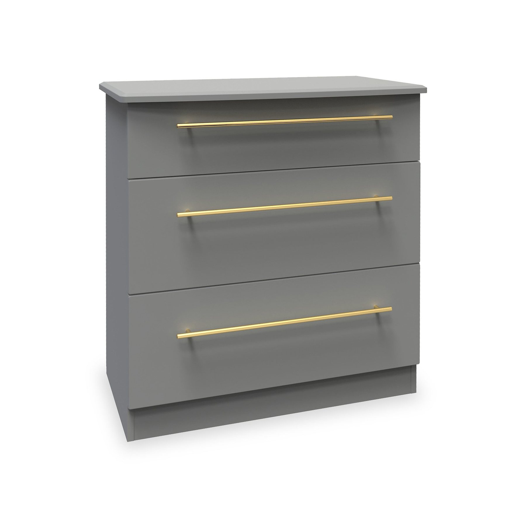A grey three-drawer chest with horizontal golden handles stands isolated against a white background, meant for storage.