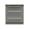 A grey three-drawer chest with horizontal gold handles centered on each drawer, against a plain neutral background.