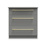 A grey three-drawer chest with horizontal gold handles centered on each drawer, against a plain neutral background.