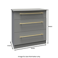 A grey three-drawer chest with gold handles is depicted with dimensions: 41.5cm depth, 76.5cm width, 88.5cm height. Text below reads "Image for size information only".
