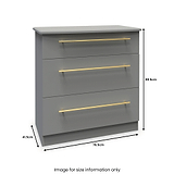 A grey three-drawer chest with gold handles is depicted with dimensions: 41.5cm depth, 76.5cm width, 88.5cm height. Text below reads "Image for size information only".
