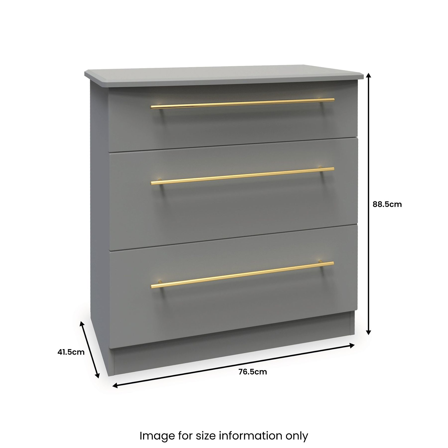 A grey three-drawer chest with gold handles is depicted with dimensions: 41.5cm depth, 76.5cm width, 88.5cm height. Text below reads "Image for size information only".