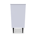 A grey, rectangular podium on two black, tapered legs stands against a white background.