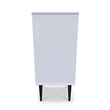 A grey, rectangular podium on two black, tapered legs stands against a white background.