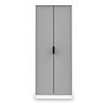 A closed gray double-door cabinet with a black handle, centered against a white background.