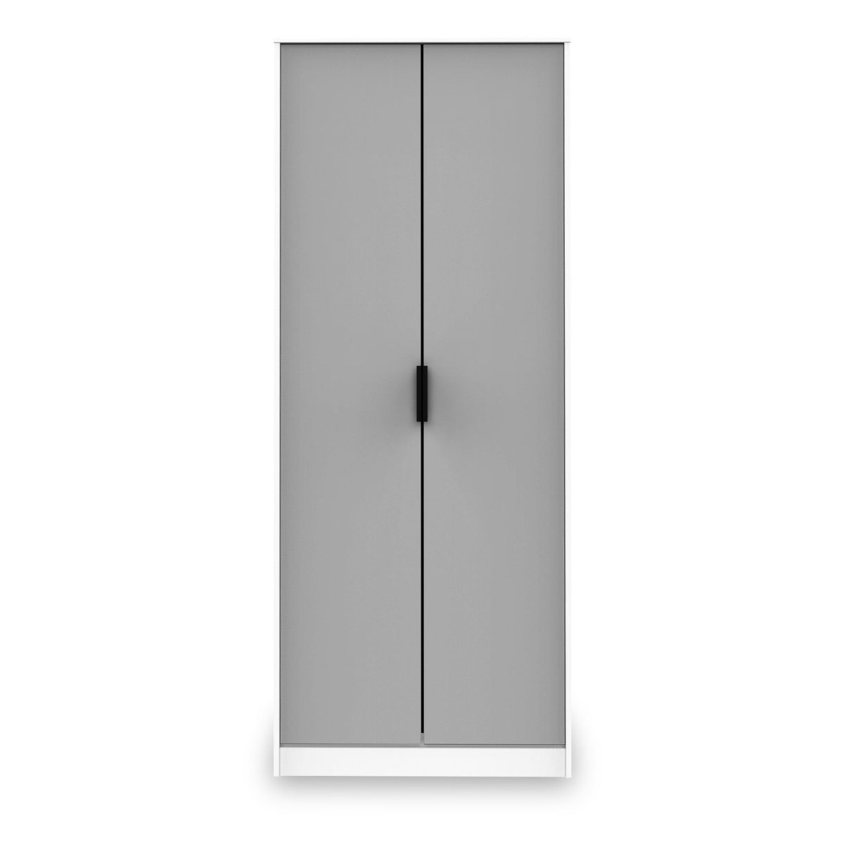 A closed gray double-door cabinet with a black handle, centered against a white background.