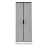 A closed gray double-door cabinet with a black handle, centered against a white background.
