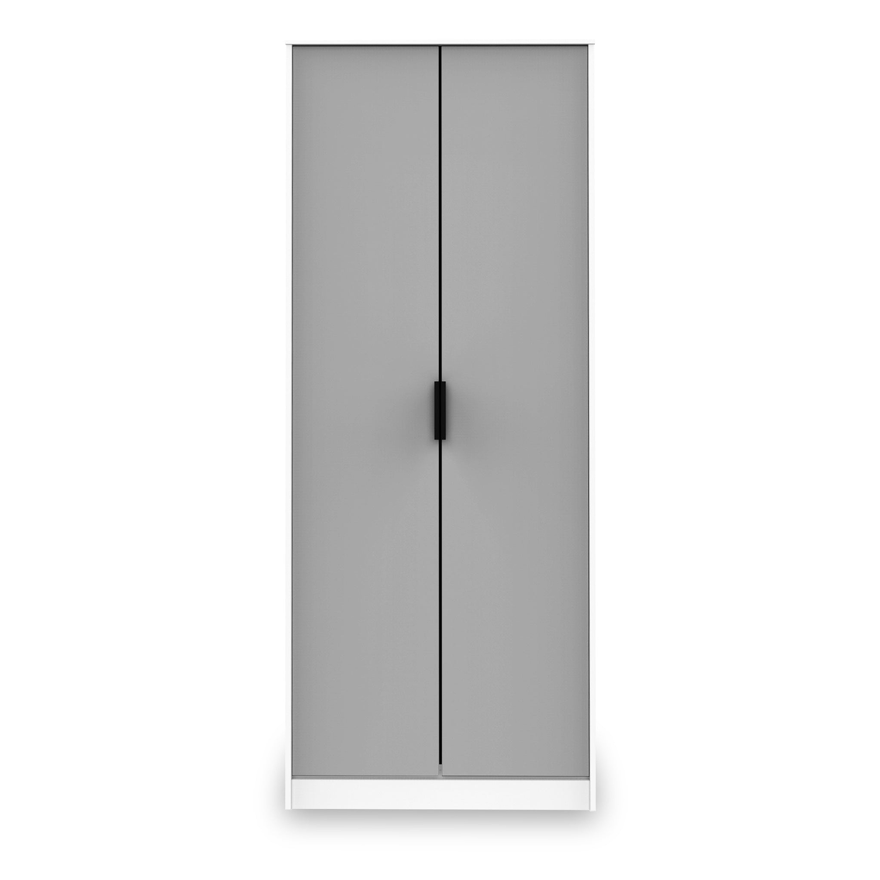 A closed gray double-door cabinet with a black handle, centered against a white background.