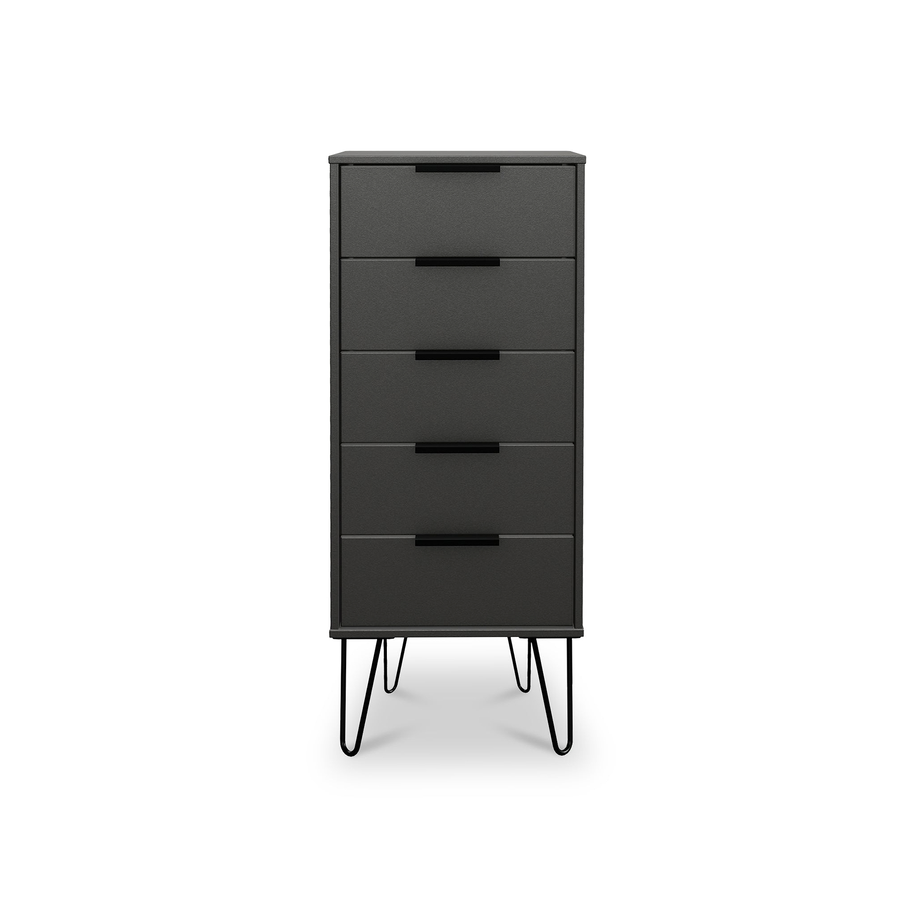Moreno Graphite Grey 5 Drawer Tallboy Chest with Hairpin Legs from Roseland Furniture