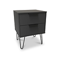 A modern black bedside table with two closed drawers, supported by thin metal legs, stands isolated on a white background.