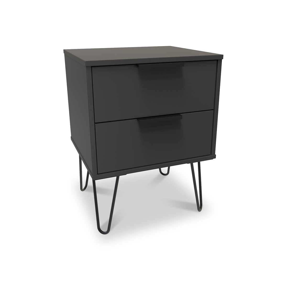 A modern black bedside table with two closed drawers, supported by thin metal legs, stands isolated on a white background.