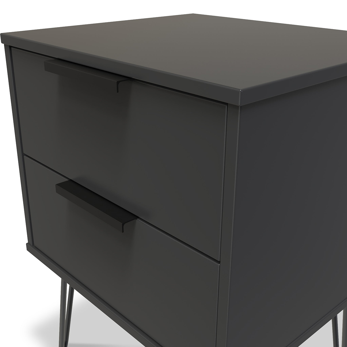 Moreno Graphite Grey 2 Drawer Bedside Table with Hairpin Legs from Roseland Furniture