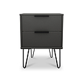A black two-drawer nightstand stands against a white background. It features sleek handles and is supported by four slender, angled metal legs.