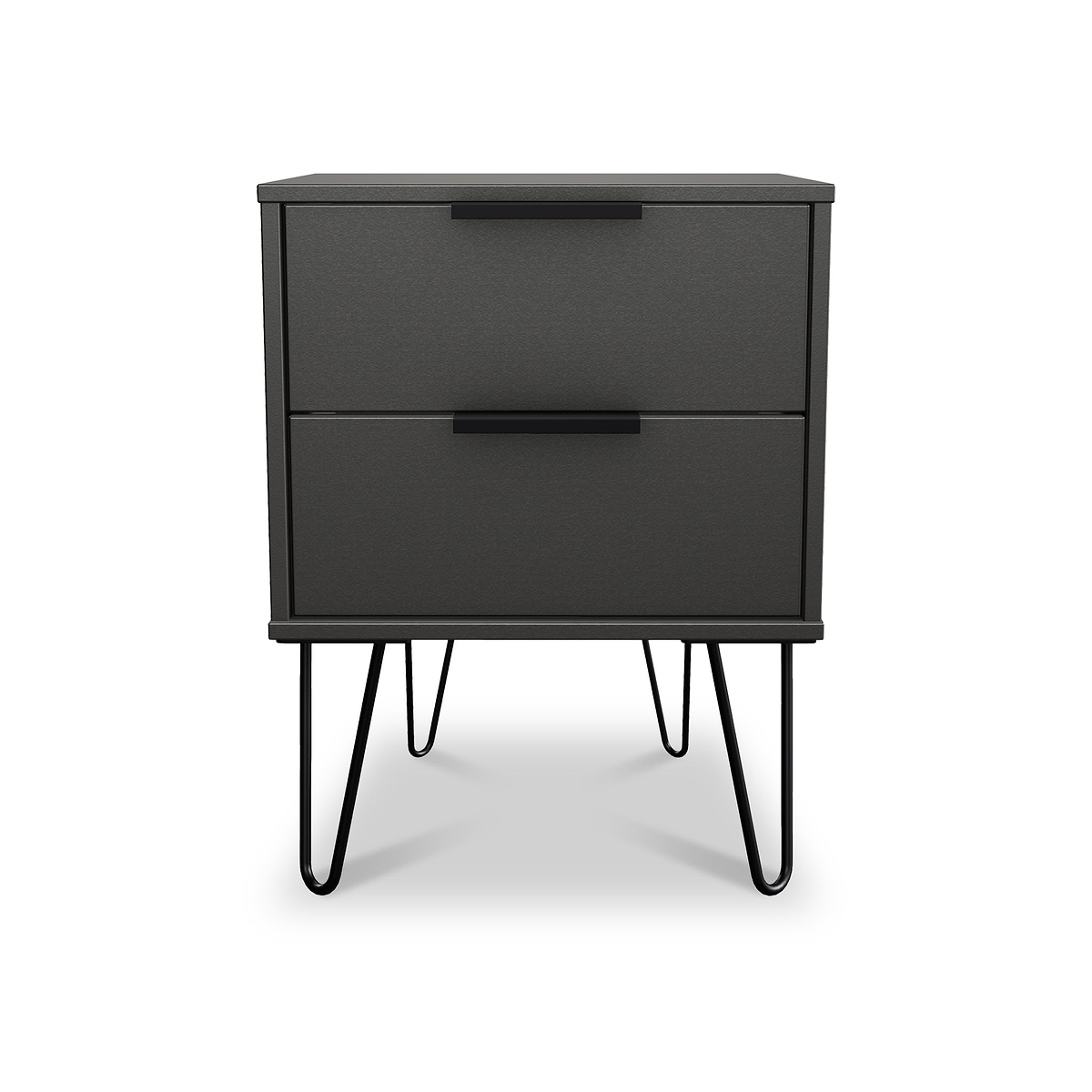 A black two-drawer nightstand stands against a white background. It features sleek handles and is supported by four slender, angled metal legs.