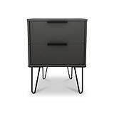 A black two-drawer nightstand stands against a white background. It features sleek handles and is supported by four slender, angled metal legs.
