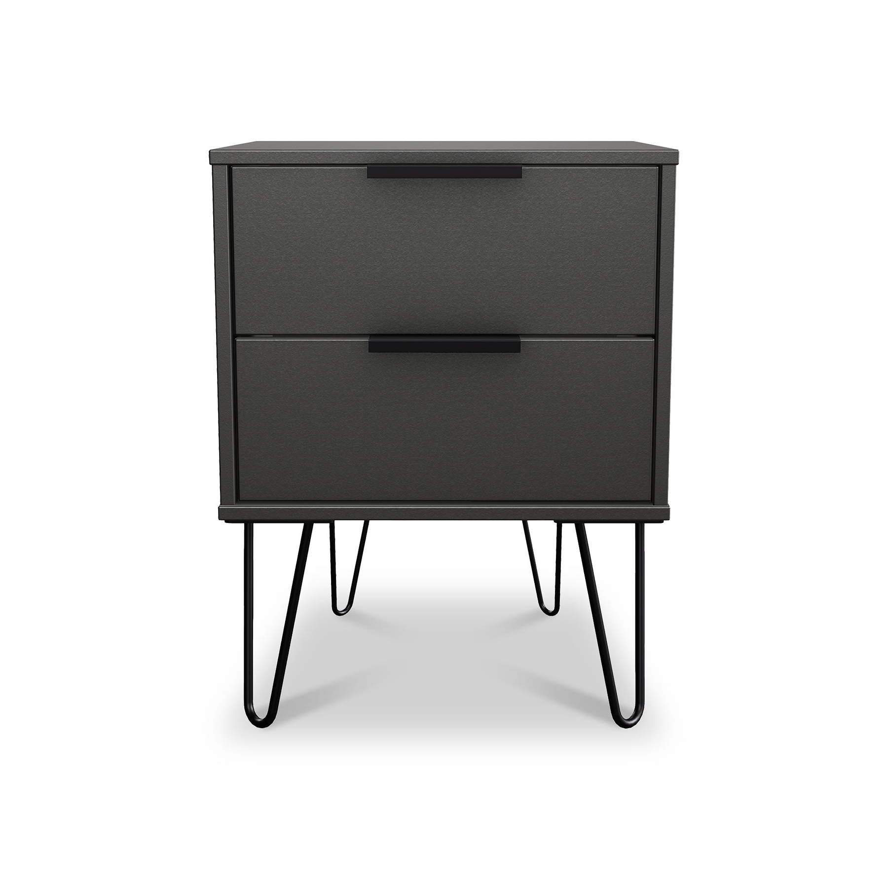 A black two-drawer nightstand stands against a white background. It features sleek handles and is supported by four slender, angled metal legs.