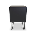 A black nightstand with a flat top and hairpin legs stands against a white background.