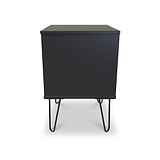 A black nightstand with a flat top and hairpin legs stands against a white background.