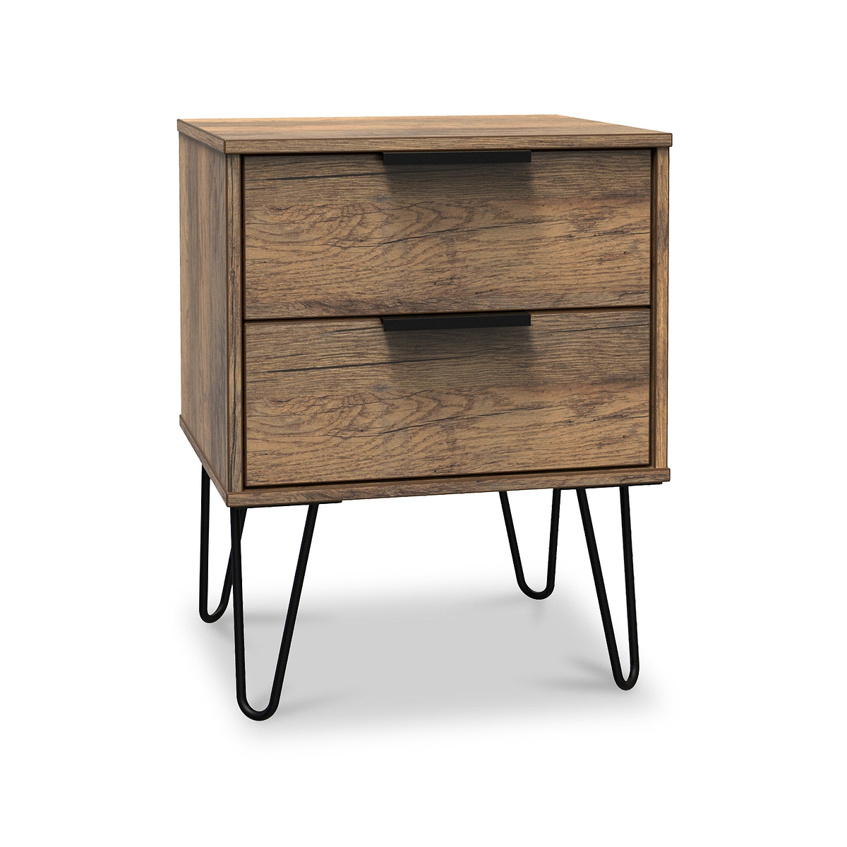 Morena Rustic Oak Effect 2 Drawer Bedside Table with Black Hairpin Legs by Roseland Furniture