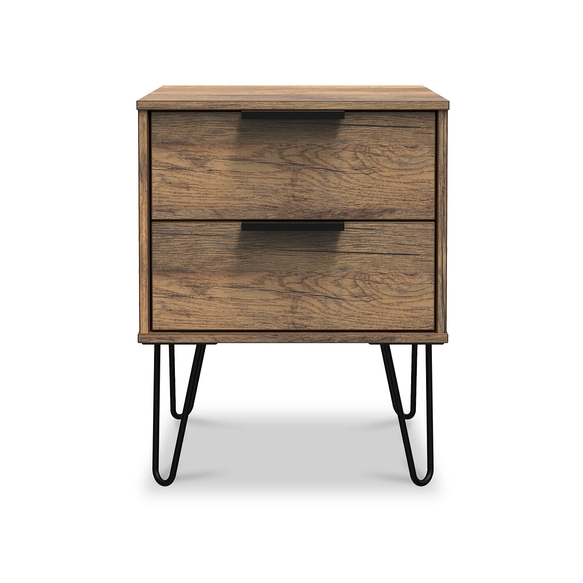Morena Rustic Oak Effect 2 Drawer Bedside Table with Black Hairpin Legs by Roseland Furniture
