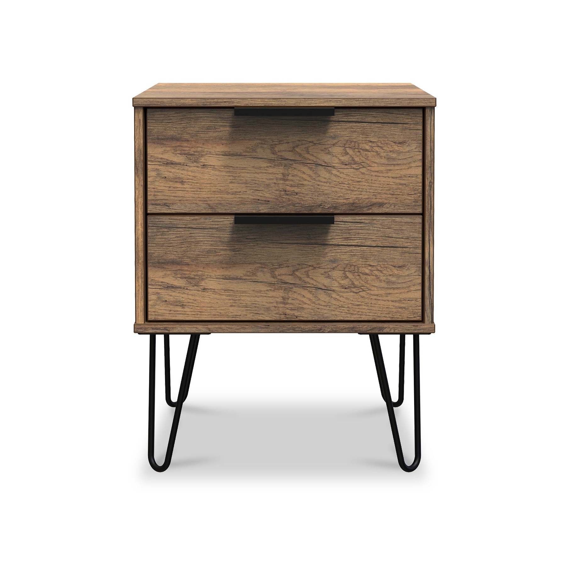Morena Rustic Oak Effect 2 Drawer Bedside Table with Black Hairpin Legs by Roseland Furniture