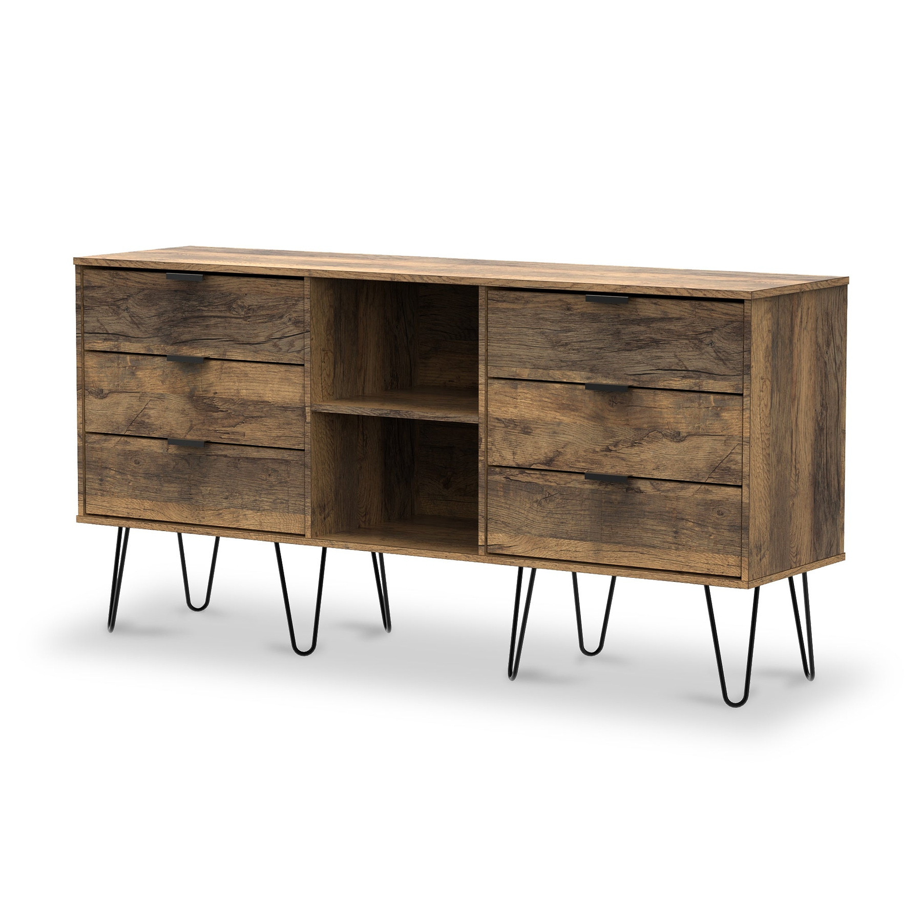 Moreno Rustic Oak with Black Hairpin Legs 6 Drawer Sideboard from Roseland Furniture