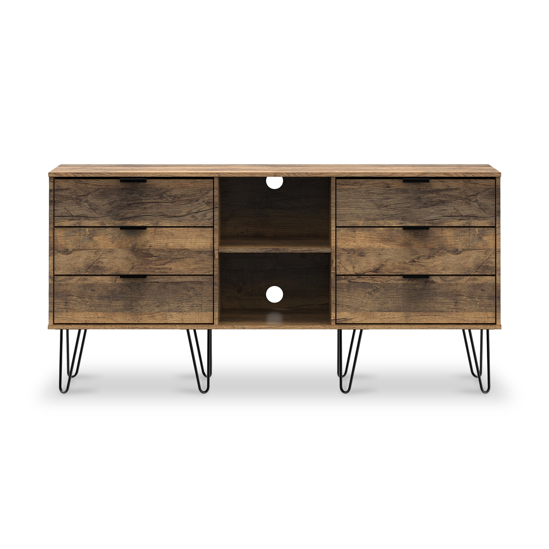 Moreno Rustic Oak with Black Hairpin Legs 6 Drawer Sideboard from Roseland Furniture