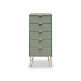 Moreno Olive Green 5 Drawer Tallboy Chest with Gold Hairpin Legs from Roseland Furniture