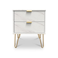 A white marble-patterned nightstand with two drawers and brass handles stands on four slanted gold legs against a white background.