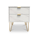 A white marble-patterned nightstand with two drawers and brass handles stands on four slanted gold legs against a white background.