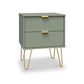A green two-drawer nightstand with brass handles, standing on four golden hairpin legs, isolated on a white background.