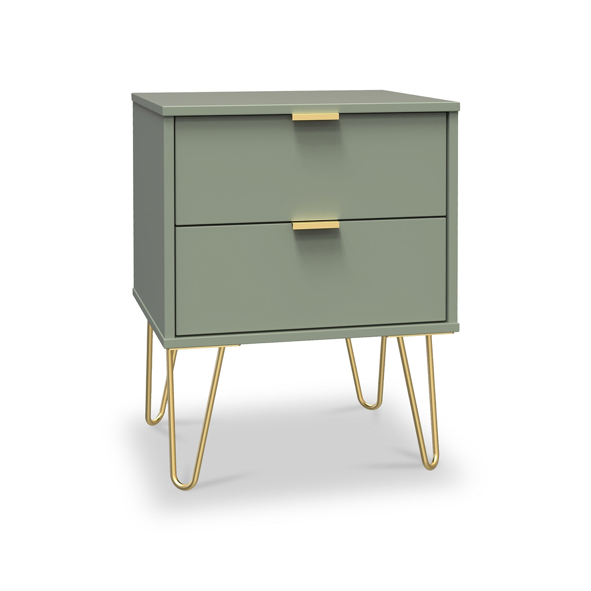 A green two-drawer nightstand with brass handles, standing on four golden hairpin legs, isolated on a white background.