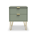 Green two-drawer nightstand with gold handles and legs, isolated on a white background.