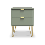 Green two-drawer nightstand with gold handles and legs, isolated on a white background.
