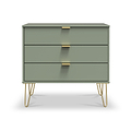 Moreno Olive Green 3 Drawer Chest with gold hairpin legs from Roseland furniture